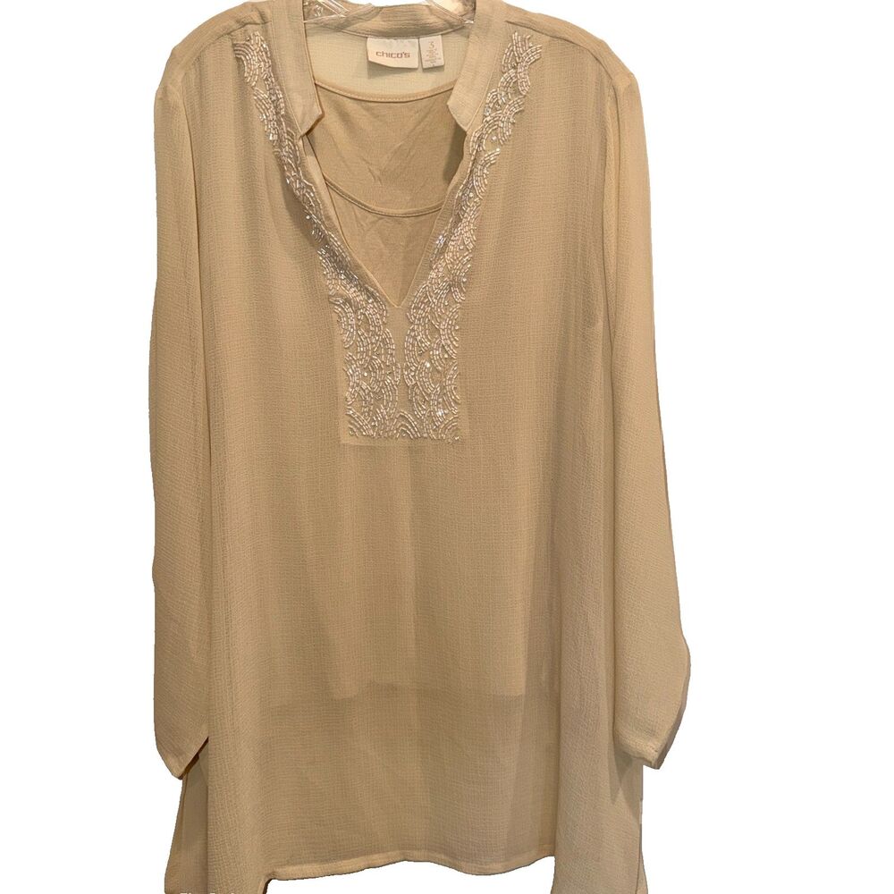 Chicos Size XL Womens Long Sleeve Blouse Tunic Beaded Mother of the Bride Lined